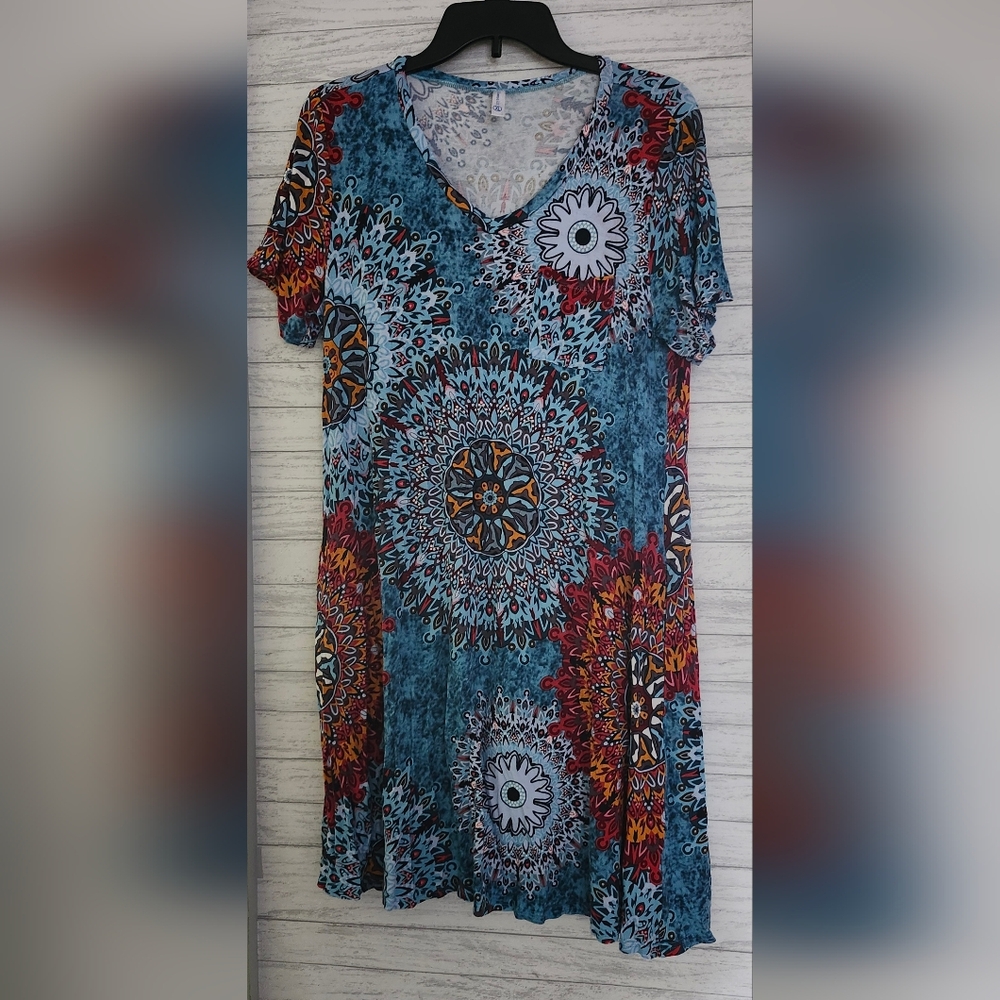 Lionstill Womens XL Bohemian V-Neck Short Sleeve Mandala Print Dress Multicolor